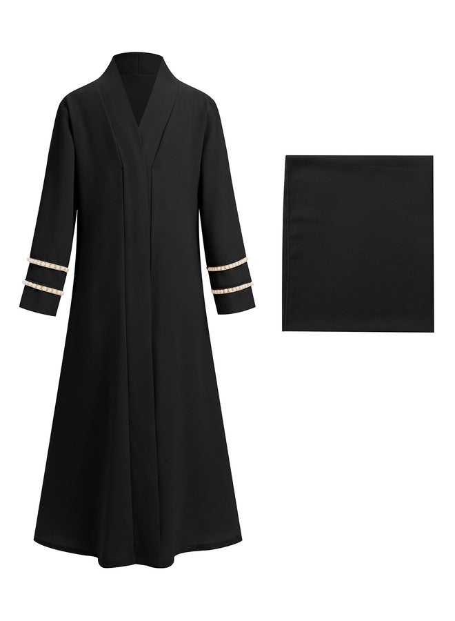 ODIZLI Abaya Dress For Girls Dubai Prayer Abayas with Hijab Eid Ramadan Arabian Full Cover Modest Clothes Maxi Chiffon Muslim Two Piece Open Cardigan Kaftan Robe Arabic Full Cover Dresses Black 9-10 Years - Image 3